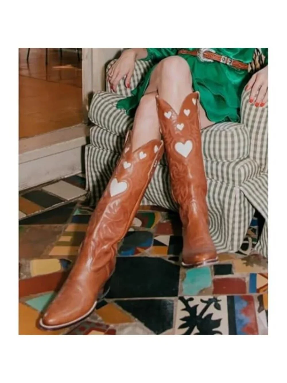 Knee High Boots for Women Heart Embroidered Western Boots Round Toe